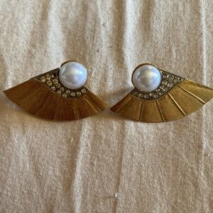 Vtg Earrings Signed Park Lane Jewelry Pearl Rhinestones Goldtone 2 inches long